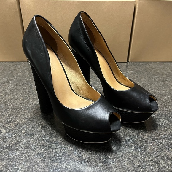 LAMB Black Leather Snake Platform High Heel Chunky Peep Toe Sexy Pump 8 - Picture 2 of 10